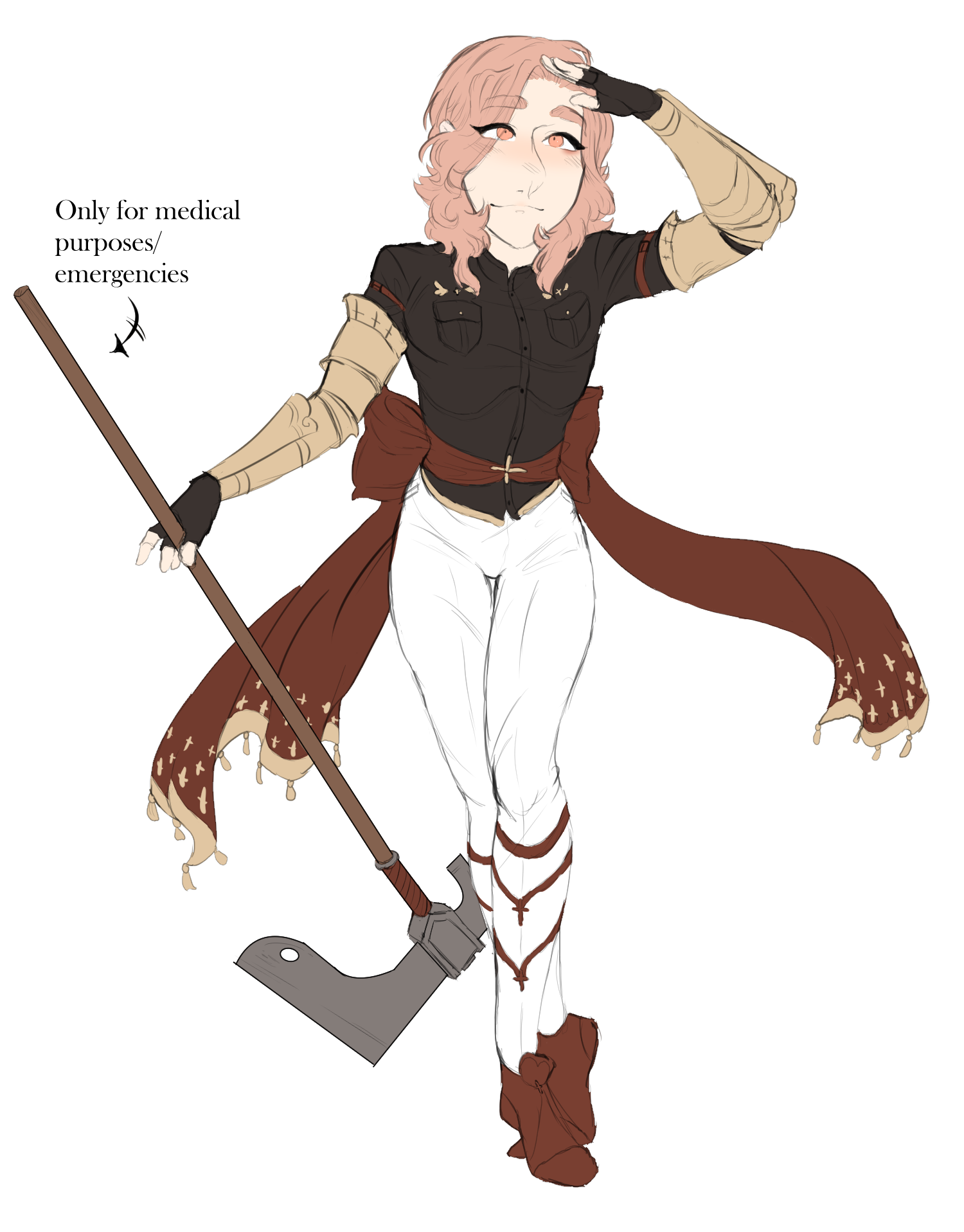 Melchior's full body illustration of his post-timeskip outfit, featuring a large axe despite him being a healer...!